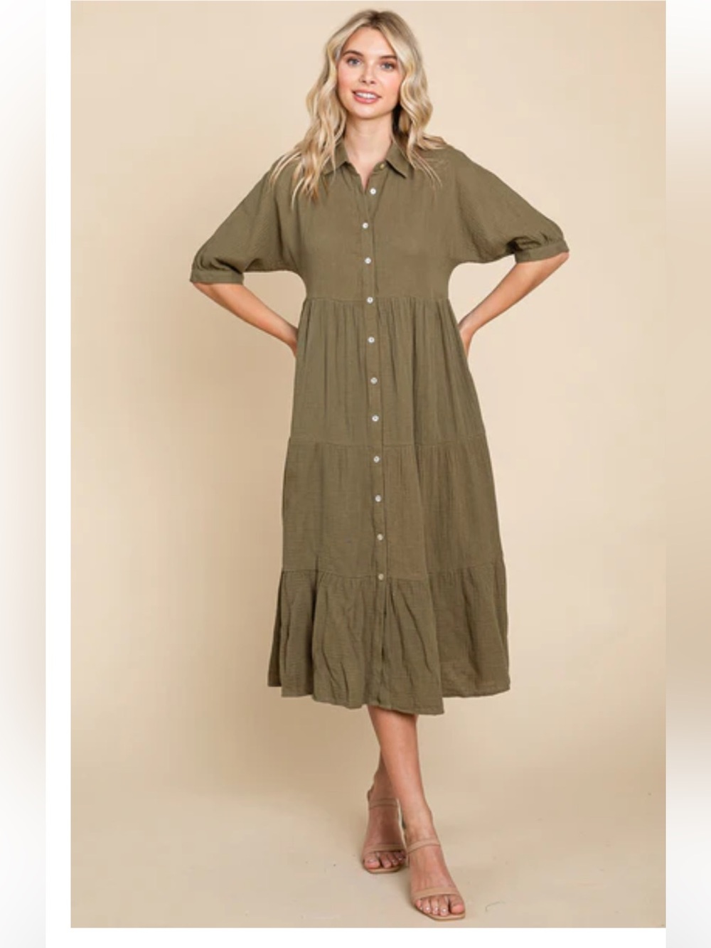 Olive Collared Button-Front Midi Dress - Picture 4 of 11